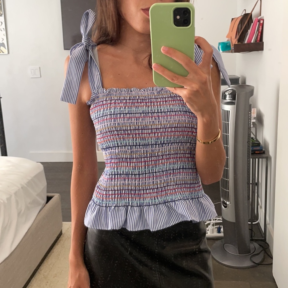 Self tie shoulder shirred blouse colorful XS